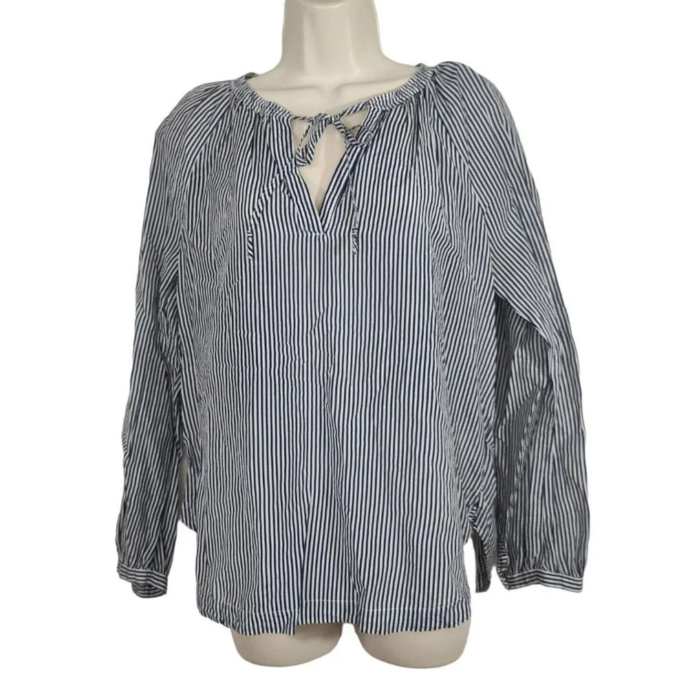 J Crew Blue Stripe Top Women Size 6 Long Sleeve Tie Neckline Nautical Semi-sheer